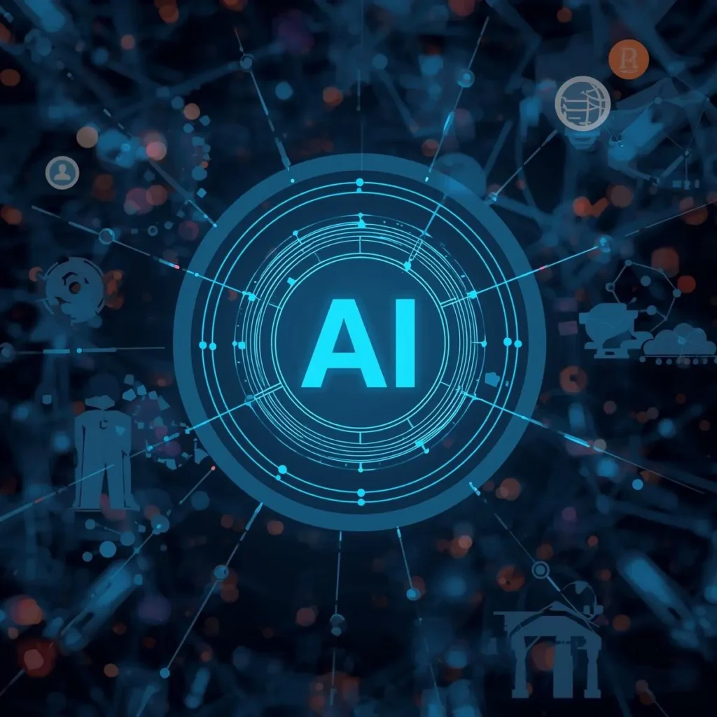 Imagem conceitual de inteligência artificial generativa representada por redes neurais e tecnologia digital
