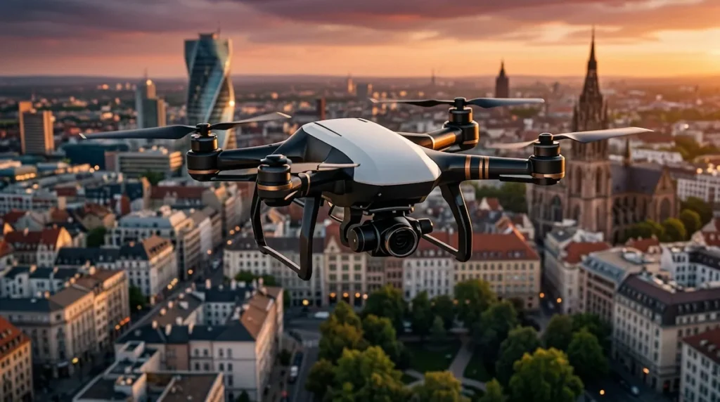 drone-monitoramento-urbano drone monitorando área urbana com câmera