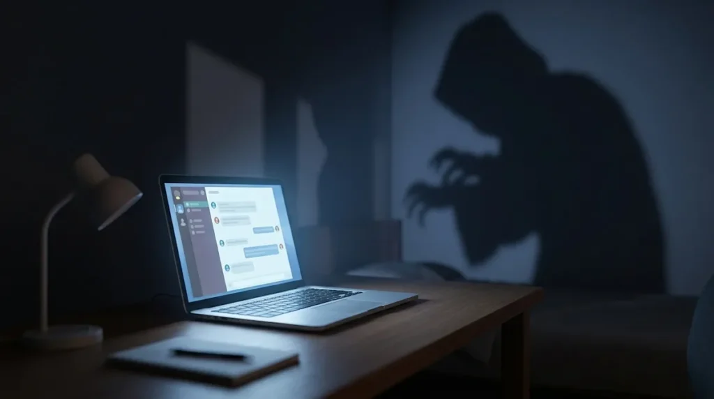 Representação conceitual de grooming digital com um notebook aberto em um quarto escuro e uma sombra ameaçadora projetada na parede.