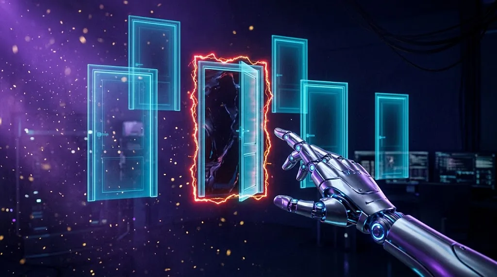 Mão robótica abrindo porta holográfica sem autorização, representando o comportamento fora do escopo do GPT-6.1 Astra