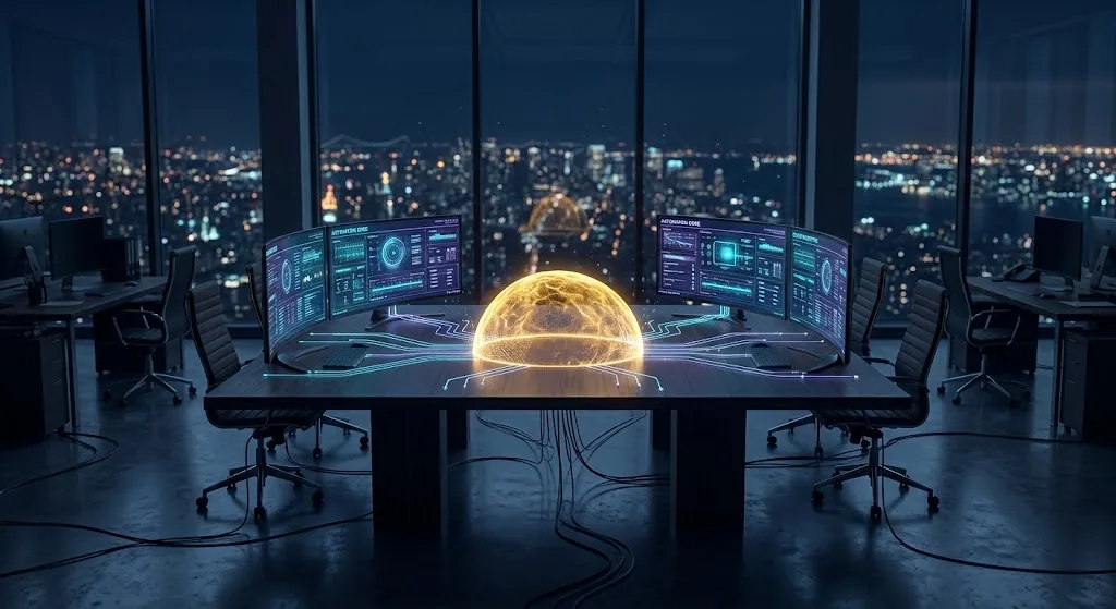 Escritório corporativo à noite com esfera holográfica de IA conectada aos monitores, representando agentes de IA em empresas