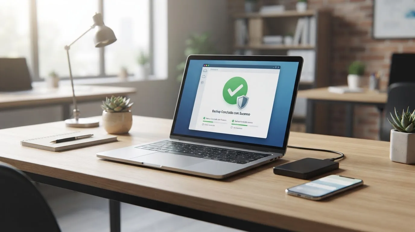 Backup em nuvem com disco externo e smartphone na mesa de escritório