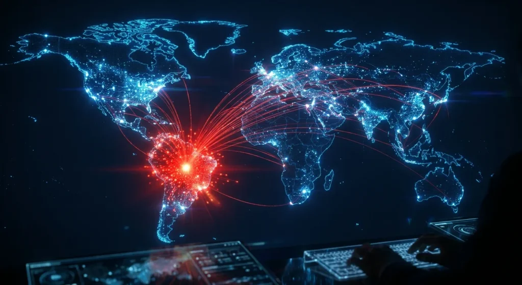 Mapa digital destacando o Brasil como ponto crítico de ataques cibernéticos