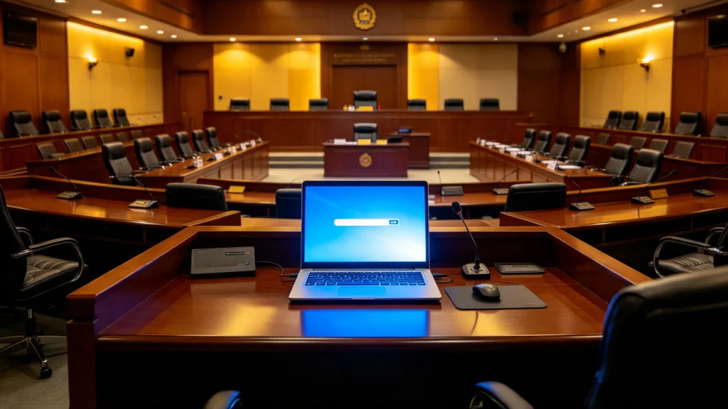 Plenário de tribunal vazio com notebook exibindo barra de pesquisa, simbolizando o julgamento da busca reversa no STF