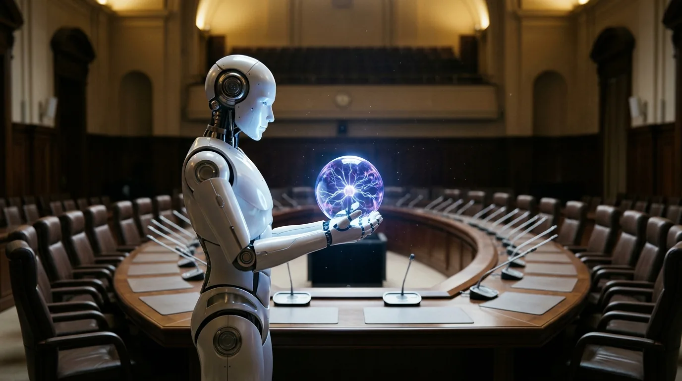 Robô humanoide em plenário diplomático segurando esfera de energia, simbolizando o debate sobre IA no Conselho de Segurança da ONU
