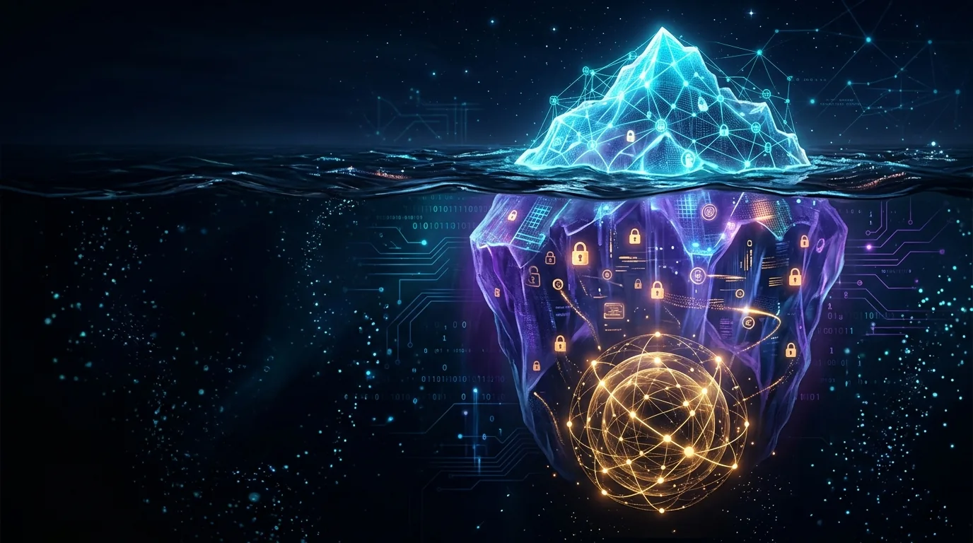 Iceberg digital luminoso representando as três camadas da internet: surface web, deep web e dark web
