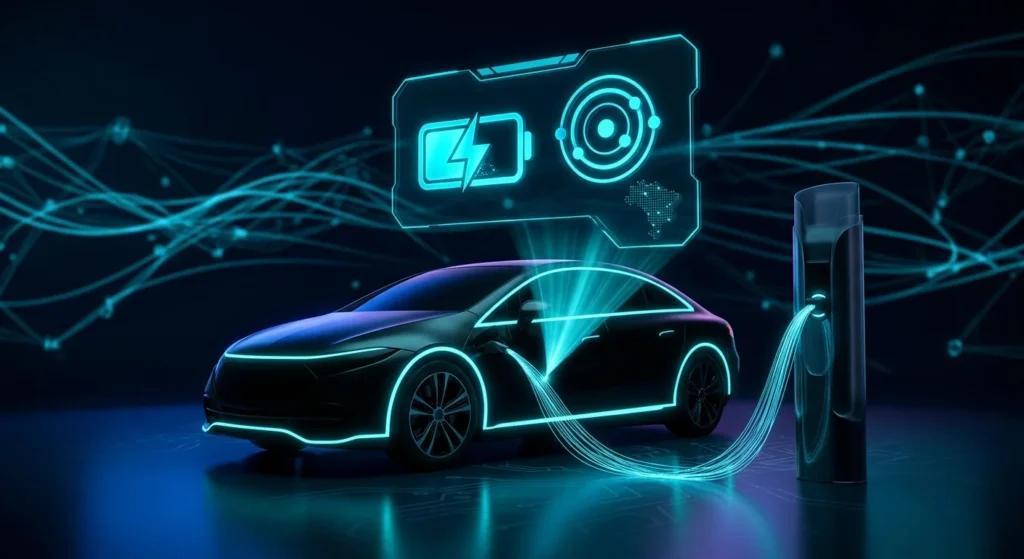 Carro elétrico conectado em estação de recarga futurista