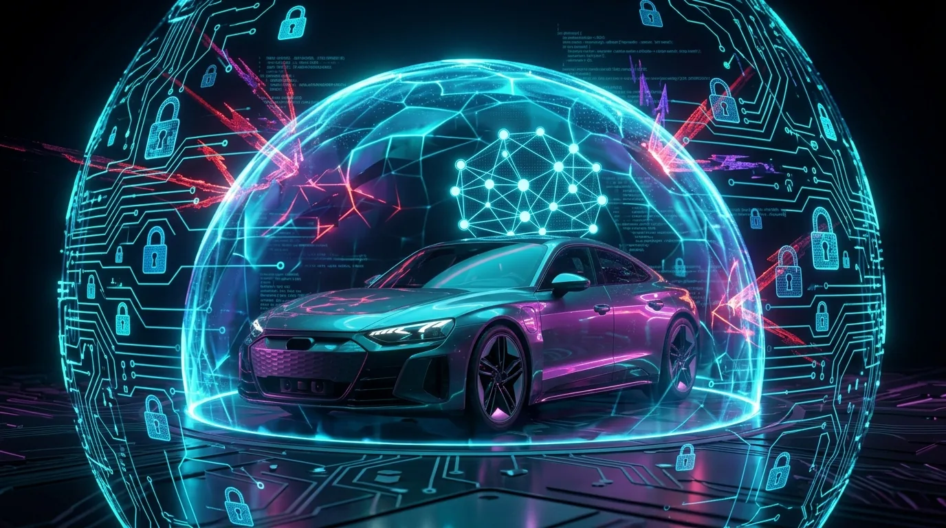 Escudo digital protegendo carro elétrico conectado de ataques cibernéticos