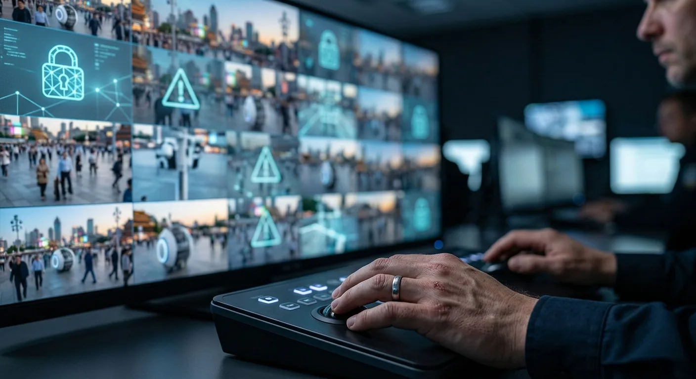 Operador em central de controle monitorando imagens de robôs de patrulha em um painel com alertas e cadeado digital