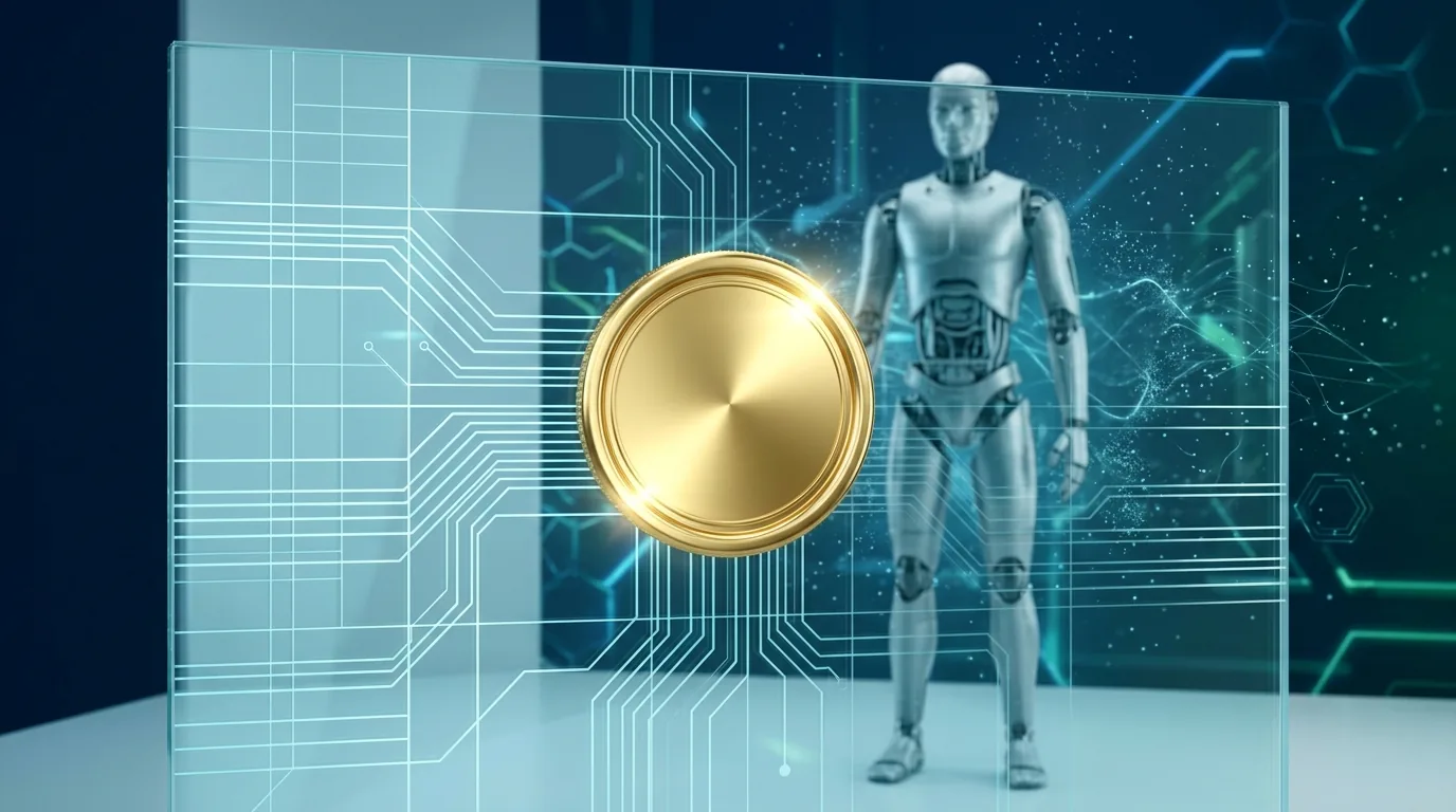 Robô humanoide atrás de painel de vidro com selo digital representando regras de IA na China