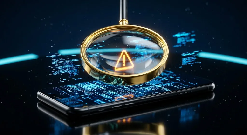 Lupa dourada sobre a tela de um smartphone revelando sinal de alerta, representando como identificar golpes digitais