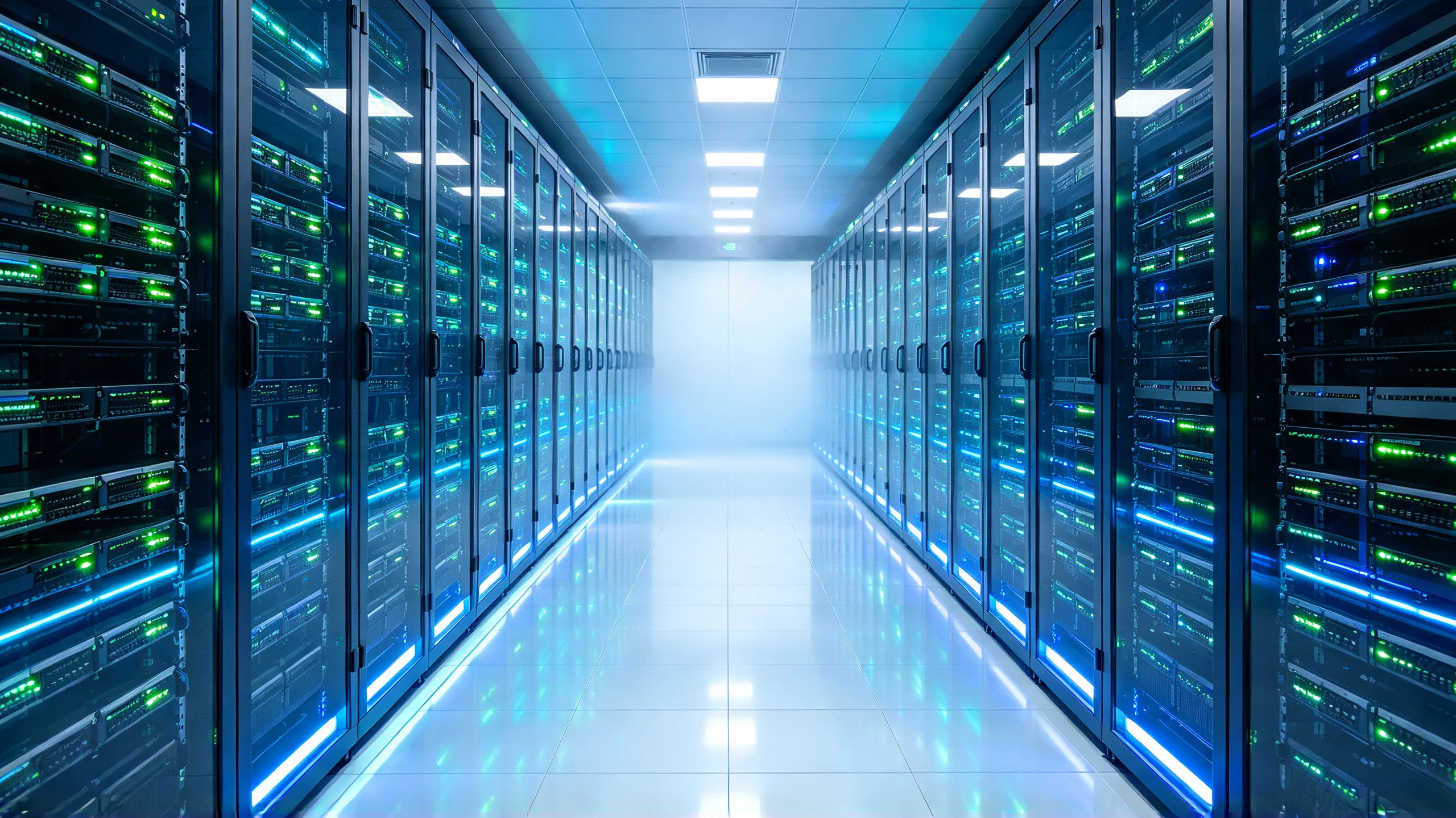 Corredor de data center com servidores, representando os bancos de dados consultados por algoritmos em ordens de busca reversa
