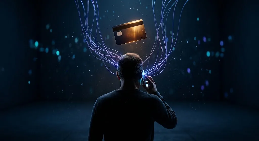 Pessoa de costas ao telefone ligada por fios de luz violeta a um cartão bancário, ilustrando a engenharia social no golpe da falsa central bancária