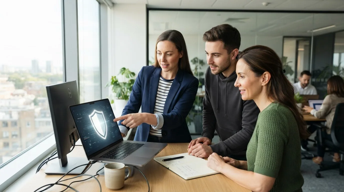 Equipe de pequena empresa em treinamento de segurança digital