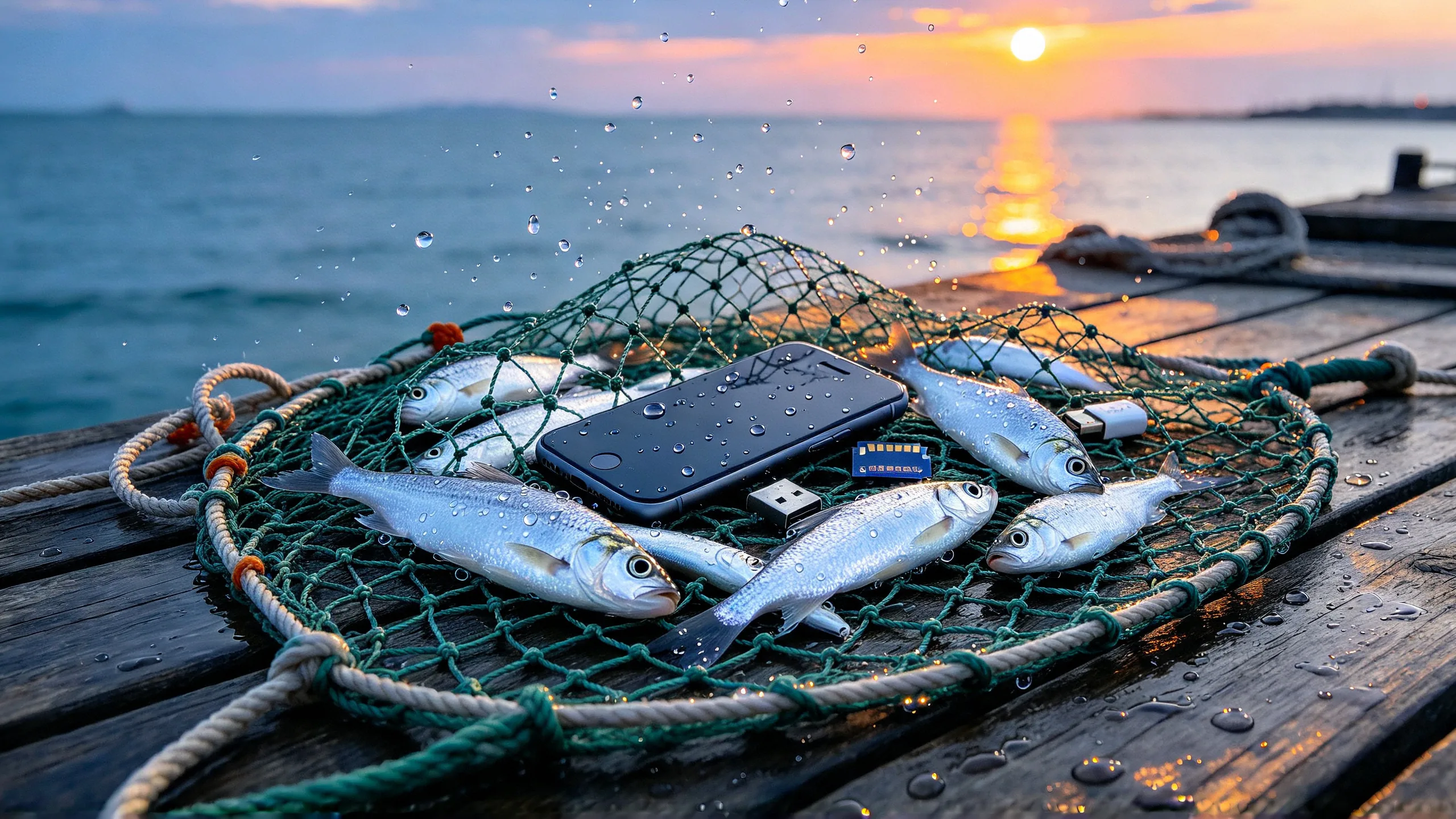 Rede de pesca com celular e pendrive presos entre os peixes, metáfora da fishing expedition na busca reversa de dados