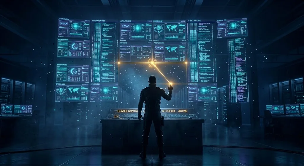 Pessoa de costas diante de parede de telas holográficas, simbolizando o controle humano sobre a inteligência artificial