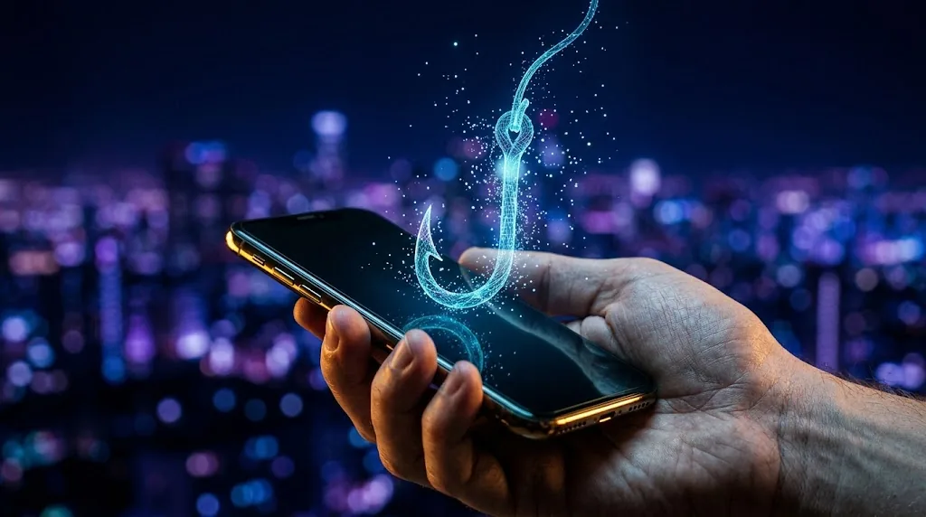 Mão segurando smartphone com anzol holográfico saindo da tela, simbolizando os golpes digitais no Brasil