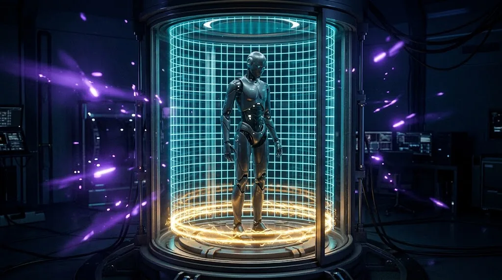 Robô humanoide contido em câmara de vidro iluminada, simbolizando o GPT-6.1 Astra que a OpenAI decidiu não lançar