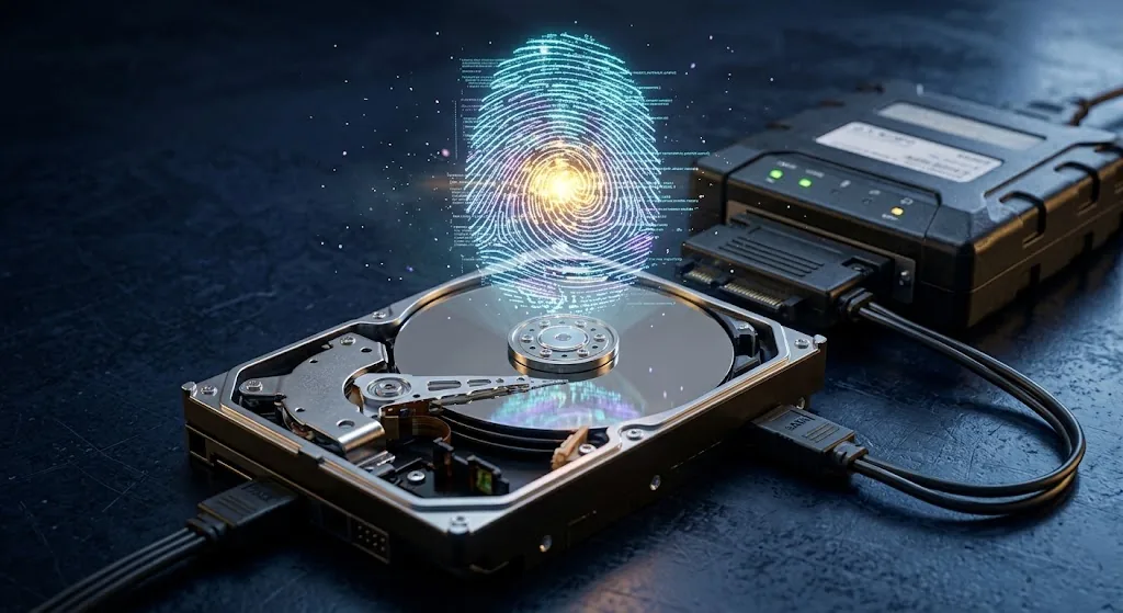 Disco rígido conectado a bloqueador de escrita com impressão digital holográfica representando o hash na perícia digital