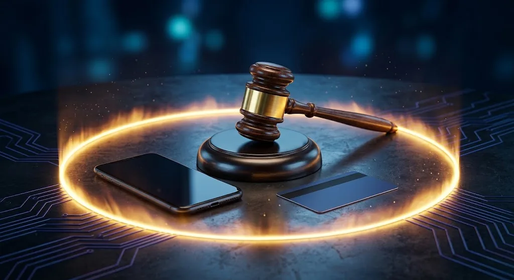 Martelo da Justiça com celular e cartão bancário dentro de um anel de luz dourada, representando a Lei 15.397/2026 contra fraudes eletrônicas e contas laranja