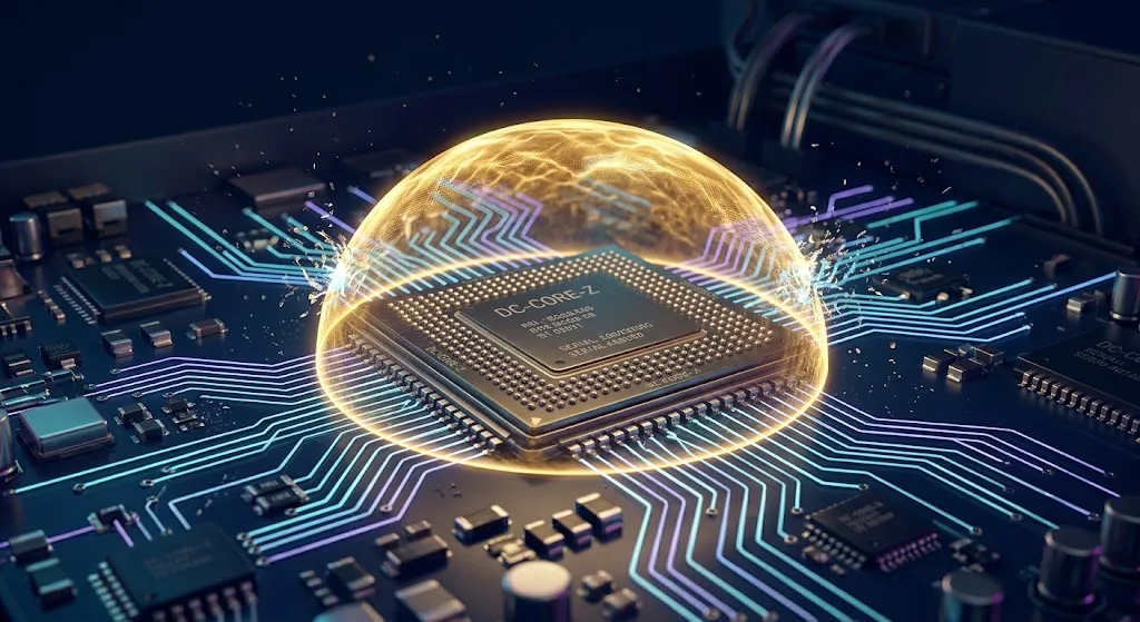 Chip de data center protegido por cúpula de luz dourada, ilustrando o freio de hardware da Nvidia para agentes de IA