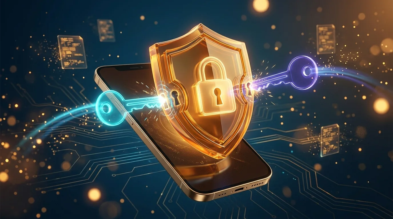 Celular com escudo e cadeado luminoso representando a verificação em duas etapas após um vazamento de dados