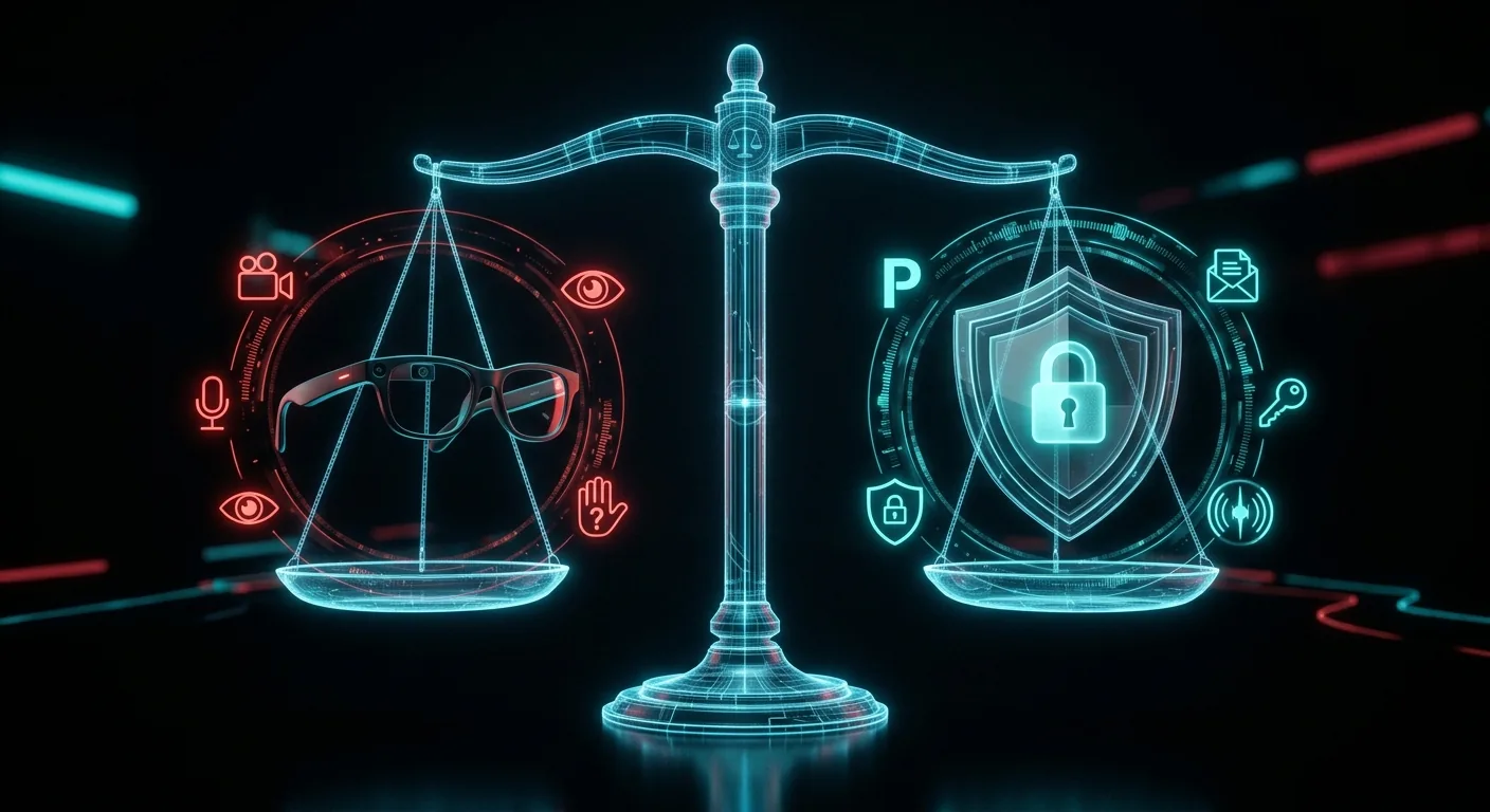 Denúncia formal contra óculos inteligentes representada por balança de justiça digital