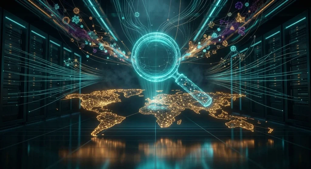 Investigação digital com fontes abertas representada por lupa holográfica sobre rede de dados