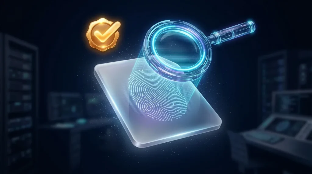 Perícia digital forense analisando a autenticidade de um arquivo com lupa digital
