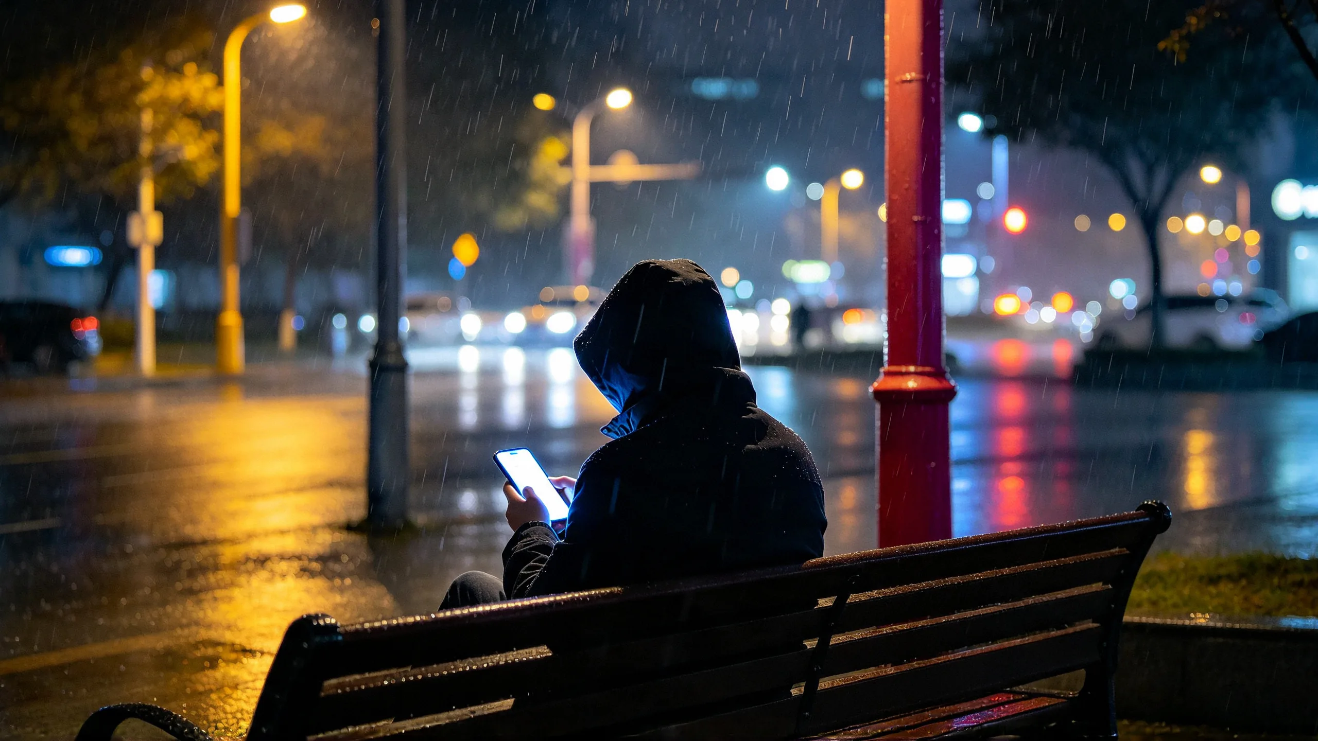 Pessoa usando celular à noite na cidade, representando a privacidade digital de usuários comuns diante da busca reversa