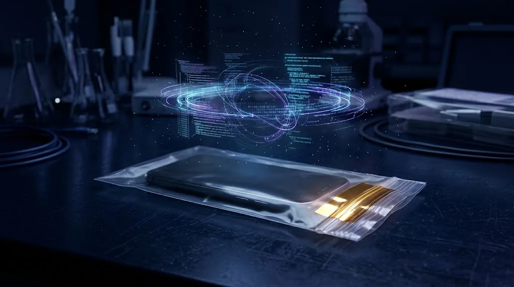 Smartphone lacrado em saco de evidência em laboratório de perícia, representando a prova digital