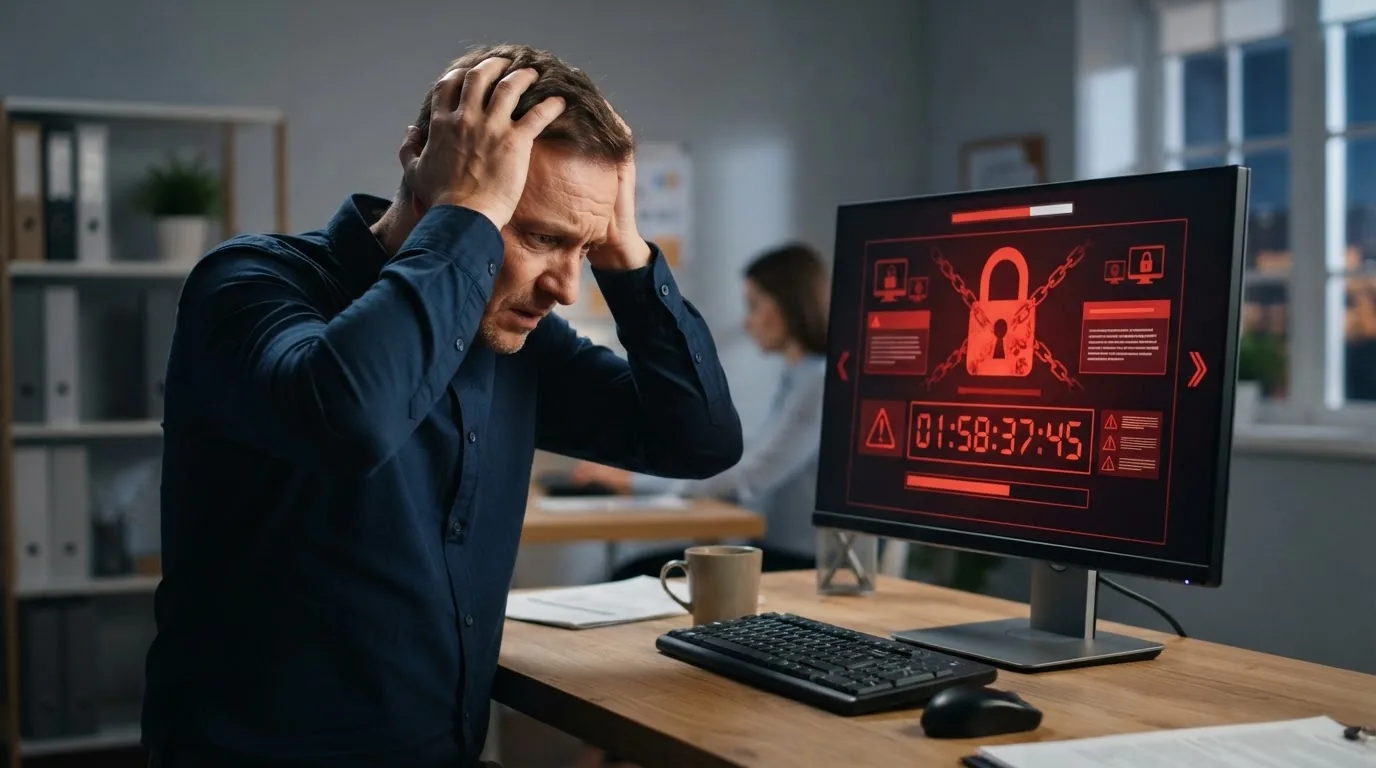 Empresário preocupado com ataque de ransomware no computador da empresa