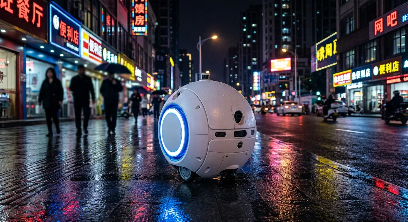 Robô bola branco com anel luminoso azul circulando por uma rua molhada e iluminada por neon à noite na China