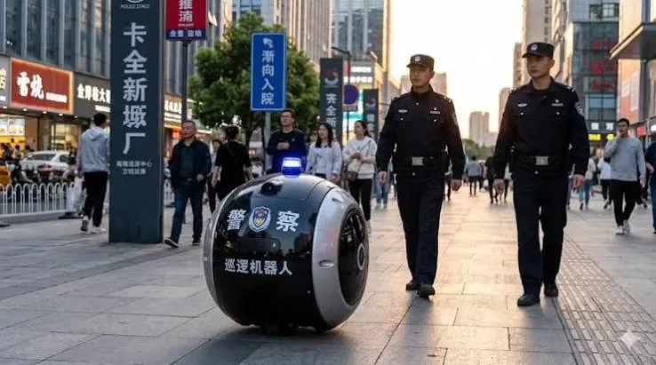 Robô bola esférico de patrulhamento acompanhado por dois policiais em rua movimentada na China