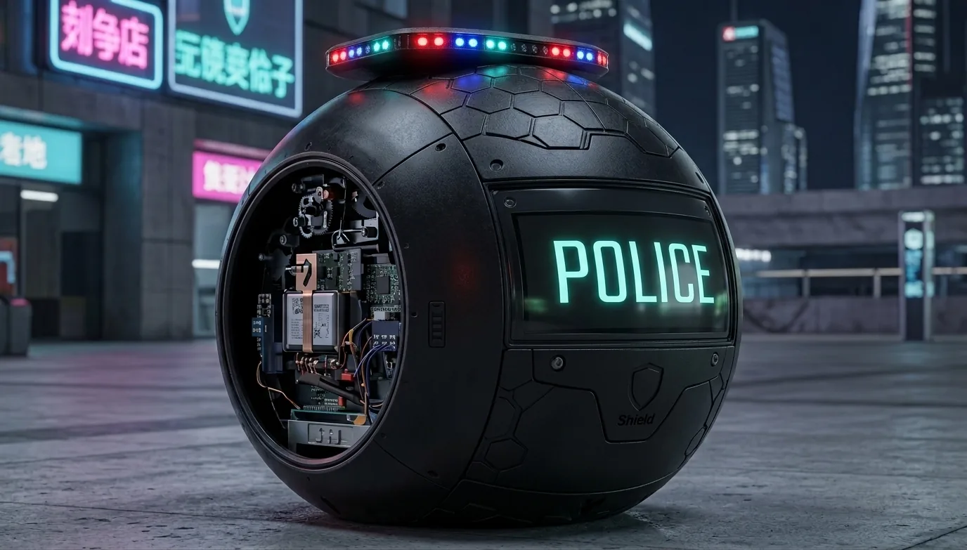 Robô bola preto de uso policial com barra de luzes no topo e circuitos internos expostos em uma praça urbana à noite