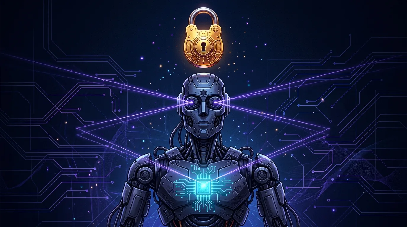 Robô humanoide com câmeras nos olhos e cadeado digital simbolizando privacidade de dados em casa