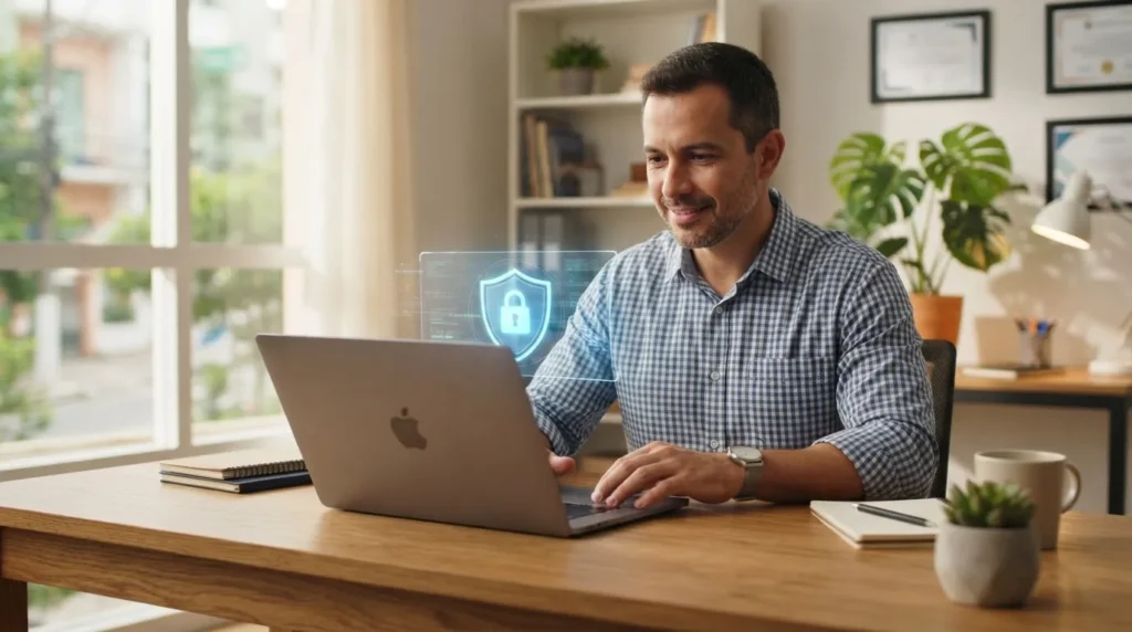 Dono de pequena empresa trabalhando no computador com escudo digital de proteção