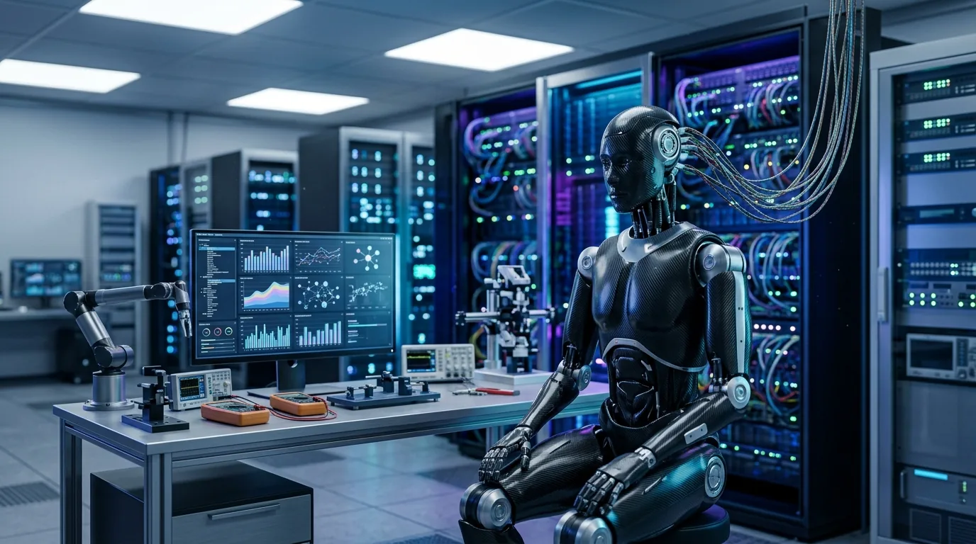 Robô humanoide em laboratório passando por testes de segurança de inteligência artificial