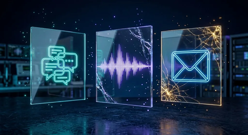 Painéis holográficos de conversa, áudio e e-mail com rachaduras, representando os tipos de evidência digital e o risco de adulteração