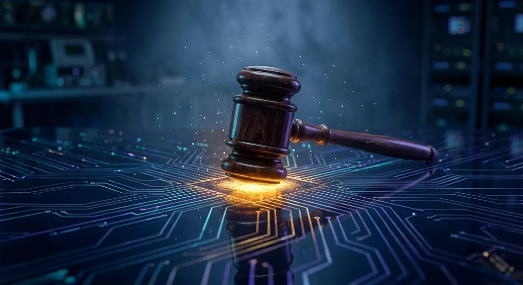 Martelo de juiz sobre circuitos luminosos simbolizando a validade da prova digital na Justiça