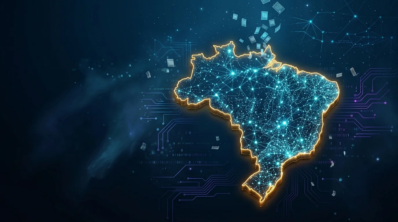 Mapa do Brasil formado por rede de conexões luminosas com fragmentos de dados se desprendendo, simbolizando o vazamento de dados de brasileiros