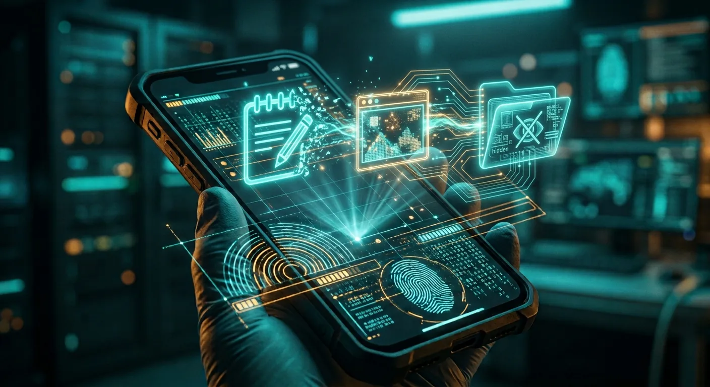 Processo técnico de captura de tela gerando arquivo temporário oculto no celular