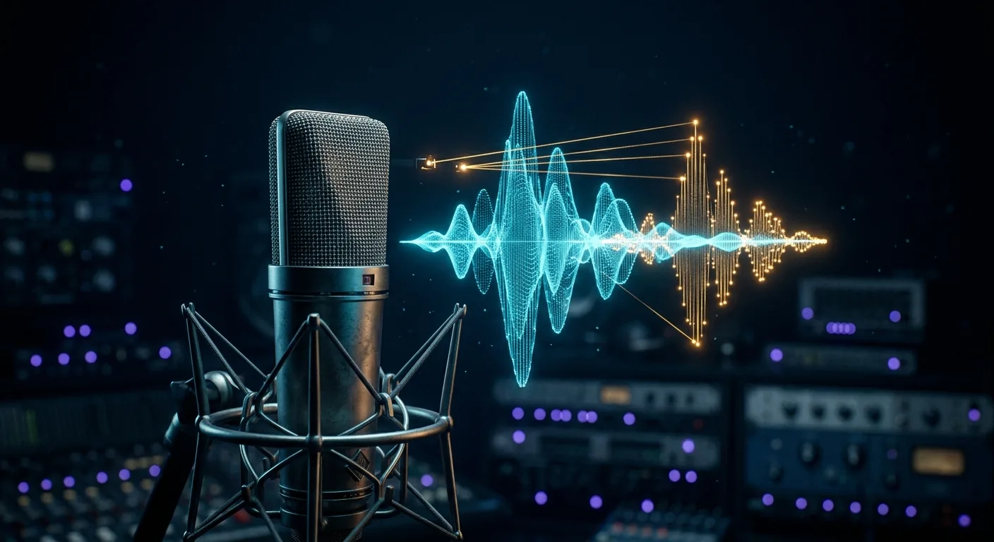 Microfone de estúdio com onda sonora sendo copiada por inteligência artificial na clonagem de voz