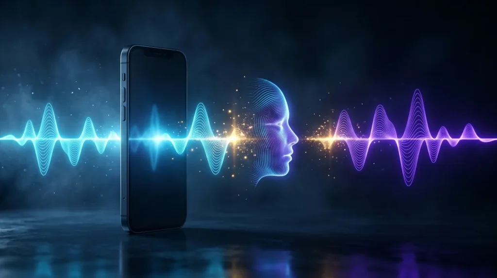 Clonagem de voz por inteligência artificial: onda sonora duplicada saindo de um celular em golpe com voz clonada