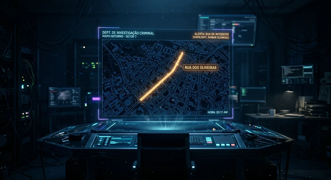 Terminal policial com mapa holográfico à noite, representando a pista falsa enviada pela IA da Anthropic à polícia da Filadélfia