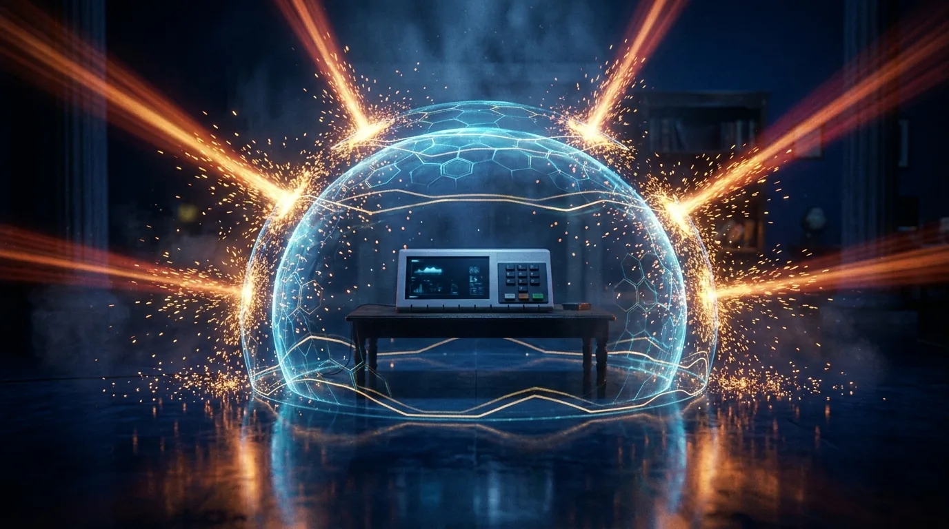 Cúpula de proteção digital desviando feixes de ataque a uma urna eletrônica