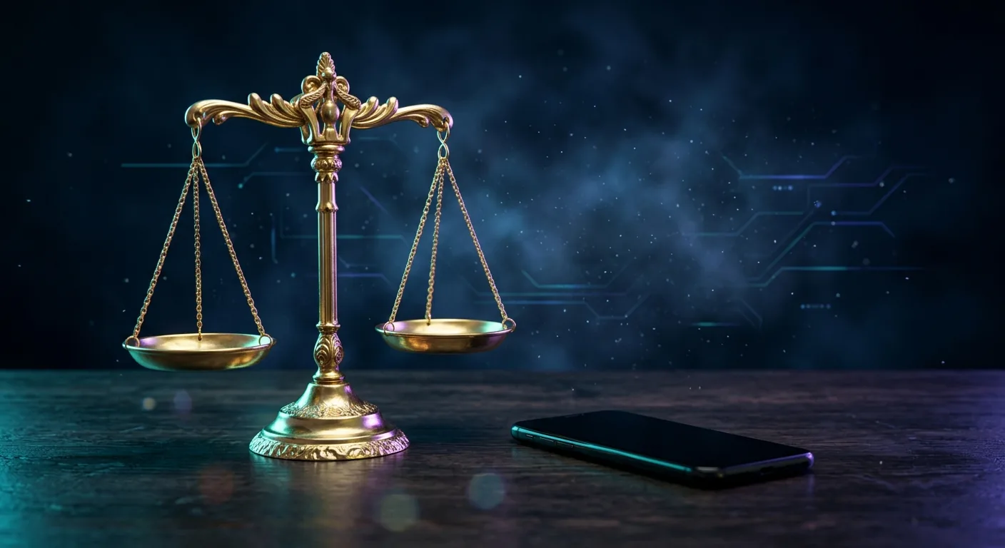 Balança da Justiça dourada ao lado de um celular, representando o crime de extorsão no Código Penal