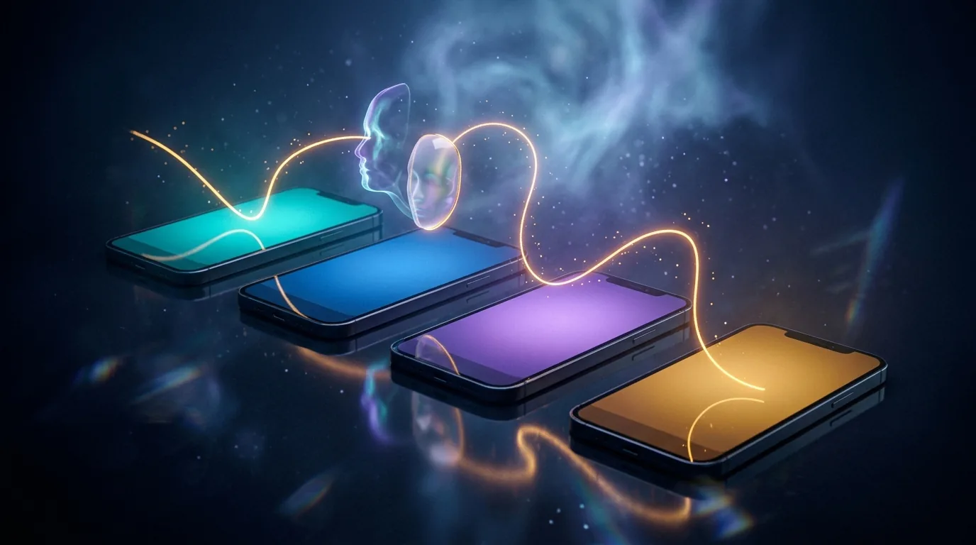 Quatro celulares ligados por um fio de luz dourada, com máscaras translúcidas ao centro, ilustrando as etapas do golpe do falso pai e do falso delegado