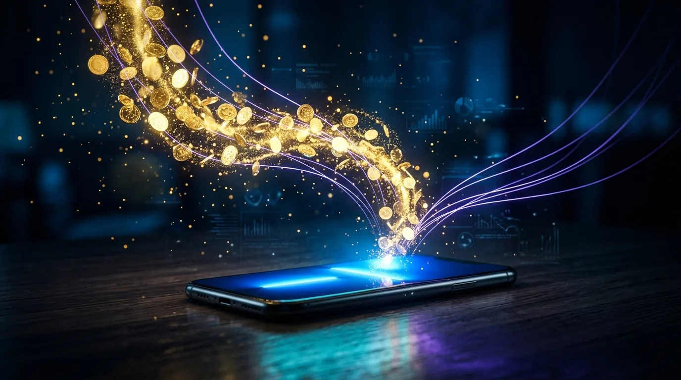 Smartphone com moedas douradas sendo puxadas por fios de luz, representando o golpe do Pix