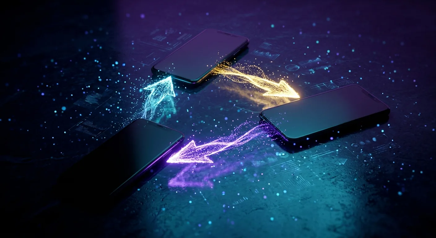 Três celulares ligados por setas de luz, ilustrando o desvio de dinheiro no golpe do Pix errado